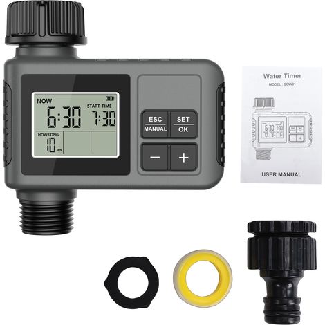 Minuterie d'irrigation de jardin Eau à sortie unique avec fonction de retard de pluie Arroseur automatique programmable Grand écran IPX5 Résistant à la pluie pour plantes de piscine à gazon Fil britan (1/5)