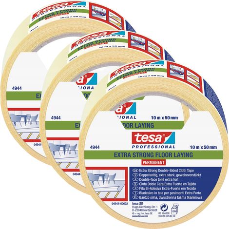 Cinta adhesiva de tela de doble cara Tesa para alfombras, 10 m, 50 mm, 3 unidades.