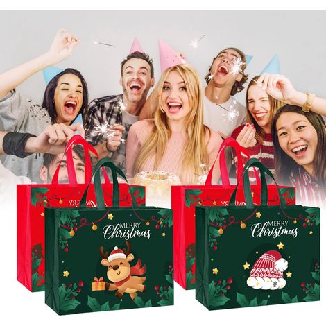 Sachets cadeaux de Noël avec cordon de serrage, lot de 16, sachets pour emballer des friandises de Noël, sachets cadeaux pour les fêtes de Noël, sachets à bonbons avec nœuds (1/5)