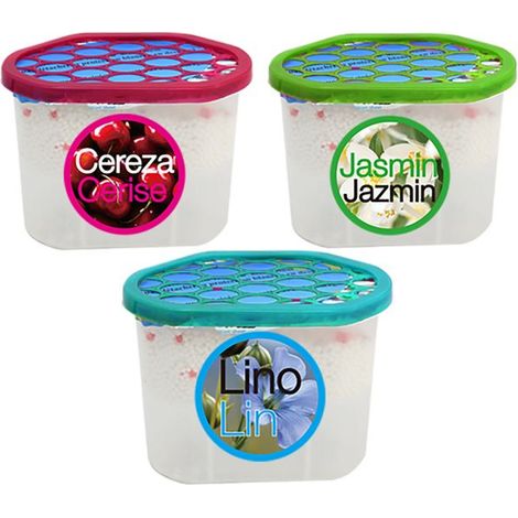 Lot de 3 déshumidificateurs absorbeurs d'Humidité parfumés, Lin,Cerise et jasmin (1 lin, 1 cerise , 1 jasmin), capacité 650 ml (1/5)