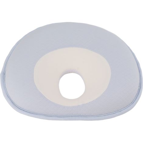 Oreiller de soutien pour la tête de bébé qui prévient le syndrome de la tête plate, répartit la pression, possède un centre creux, est doux et élastique, et est disponible en bleu clair. (1/5)