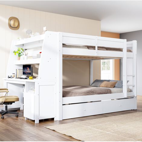 Litera 140/200 cm blanca con escritorio, almacenaje y cajones (1/5)