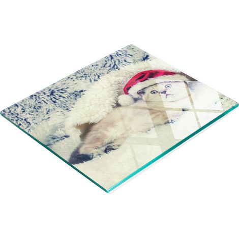 Vassoio da cucina in vetro con grafica di Babbo Natale e gattini, 60x52 cm (1/5)