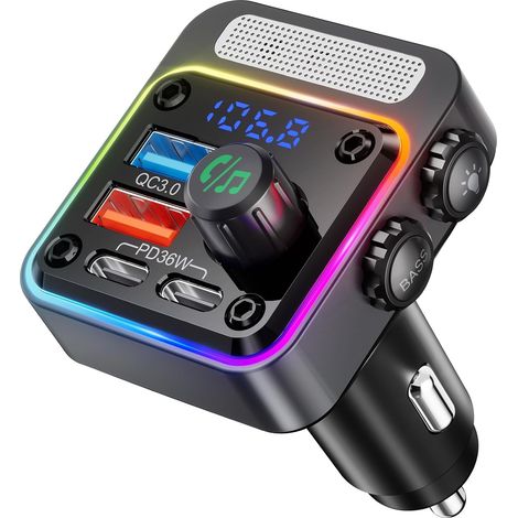 Émetteur FM Bluetooth 5.3, chargeur de voiture 54 W PD/QC 3.0 avec 4 ports de charge, [Basses profondes et microphones], adaptateur Bluetooth pour autoradio avec LED, noir (1/5)