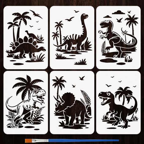 6 Styles Pochoirs Motifs Dinosaures avec un Pinceau 29.7x21cm Pochoirs Animaux Préhistoriques Pochoir Tyrannosaure Rex Modèle PET Thèmes Animaux pour Bois Carrelage Mur Tissu (1/5)
