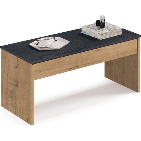 Pegane – Table basse relevable chêne doré et marbre – Dimensions 100 x 50 x 47-58 cm – Panneaux de particules haute densité – Fabrication espagnole (1/2)