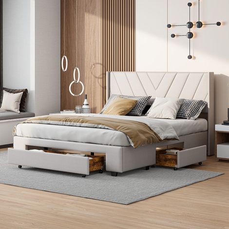 Lit double en lin 160 x 200 cm, lit avec rangement à trois tiroirs, sommier à lattes, matelas non inclus, adapté aux adultes et aux adolescents, lit beige (1/5)