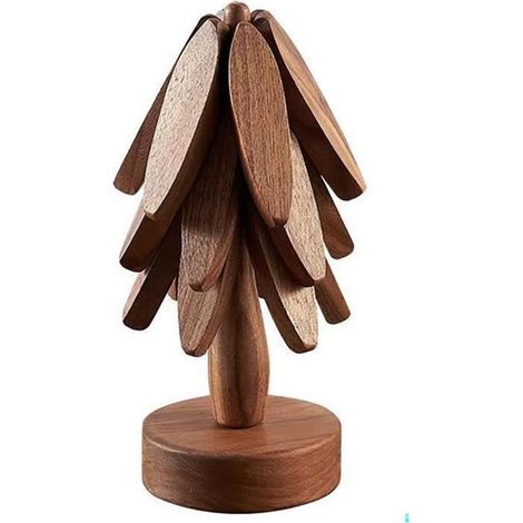 Dessous De Plat en Bois pour Plats Chauds,Tapis Isolant Pliable en Forme d'arbre,Dessous De Plat en Noyer avec 3 sous-Verres (1/4)