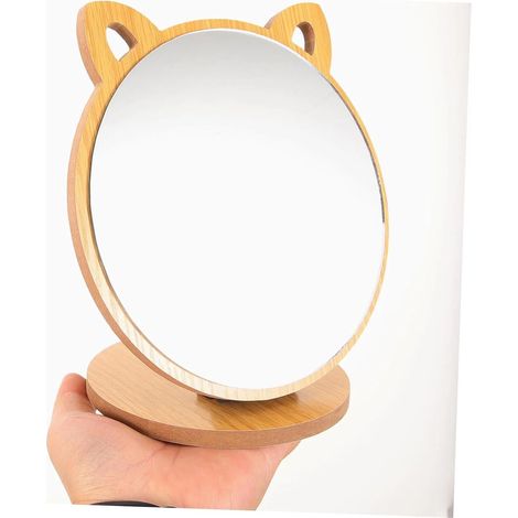 Miroir de Maquillage Créatif en Forme d'oreille de Chat Angle Réglable et Base en Bois Miroir Pliable Mignon pour Chambre et Salon (1/5)