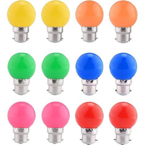 LED colour light bulb B22, 1.5 W garland lighting equivalent to 15 W 18 W 20 W light bulb, pack of 12 coloured lights, mixed colours red, green, blue, orange, yellow, pink. (1/5)