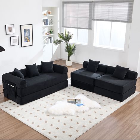 Divano modulare 270x180x64 cm nero in velluto a coste con tasca laterale e funzione letto (1/5)