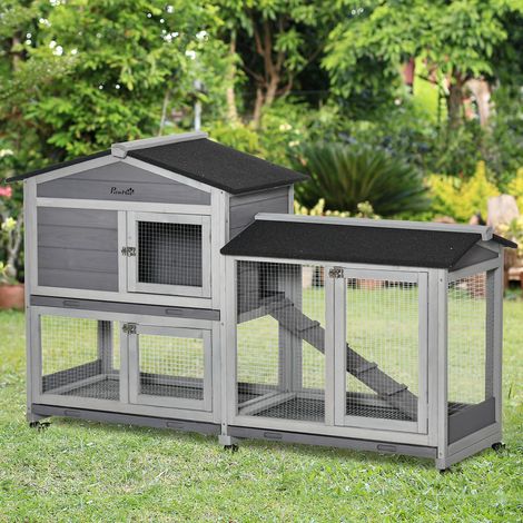 Clapier en bois à deux étages PawHut, 157,4 x 53 x 99,5 cm, avec toit en bitume résistant aux intempéries, enclos, rampe, porte, grillage en acier, cage d'extérieur pour lapin, gris (1/5)