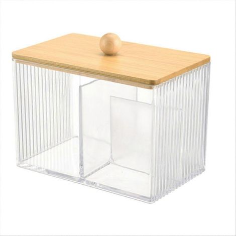 Porte-cotons-tiges avec couvercles en bambou, distributeur à 3 compartiments pour cotons-tiges, contenant de salle de bain en plastique transparent (1/5)