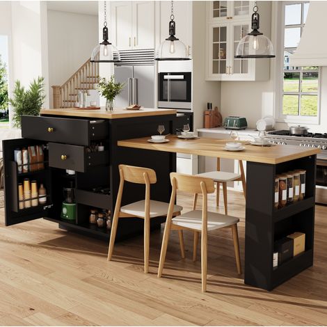 Isola da cucina con piano estensibile, 122,5-195,5x70x93,8 cm, 2 cassetti, vani portaoggetti, MDF nero (1/5)