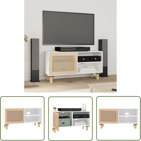 The Living Store Meuble TV Blanc 80x30x40 cm Bois de pin massif et rotin naturel - Meubles Tv - Meuble Tv - Support Tv - Unité Tv - Meuble Design (1/5)