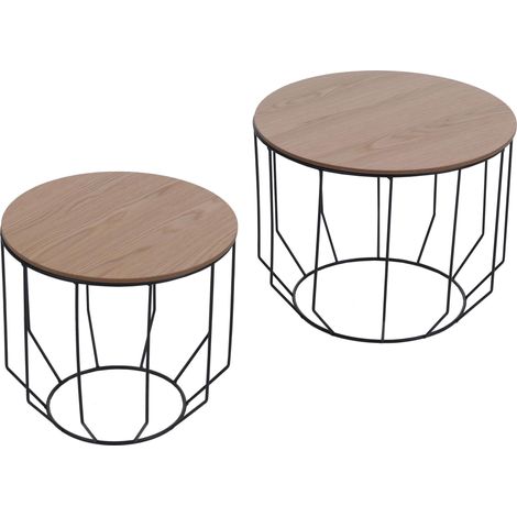 Set di 2 tavolini impilabili in metallo e impiallacciatura di rovere oliato stile industriale 040008804