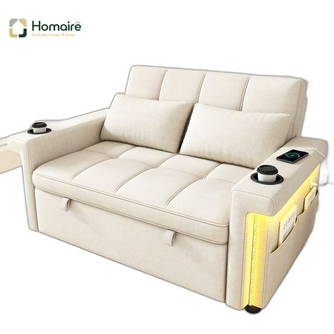 Canapé en velours beige avec port USB et accoudoirs 145 x 141,5 x 90 cm HOMAIRE (1/5)