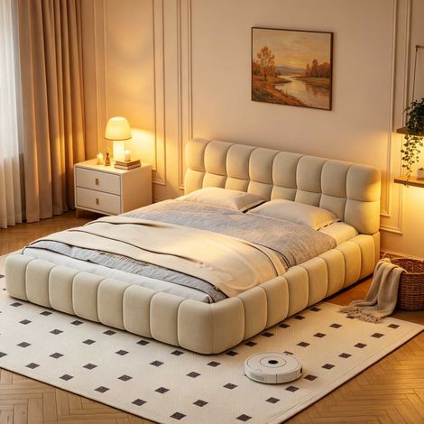 Letto imbottito 140x190 cm beige in tessuto lino, letto matrimoniale moderno con rete a doghe e testiera morbida