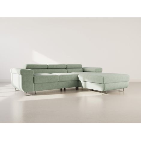 Bestmobilier – Canapé d'angle droit 6 places convertible – Coffre de rangement – Têtières réglables – Velours côtelé 100% polyester – Pieds métal chromé (1/5)