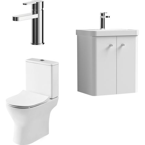 Nuie Core Cloakroom Set Wall Hung Vanity Unit Curve 500mm Basin Tap WC Satin White