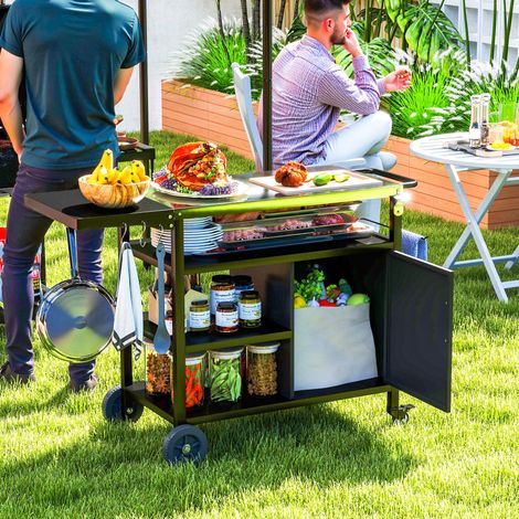 Desserte jardin chariot de barbecue avec plateau en acier inoxydable tablette pliable. crochets. housse inclus.. noir