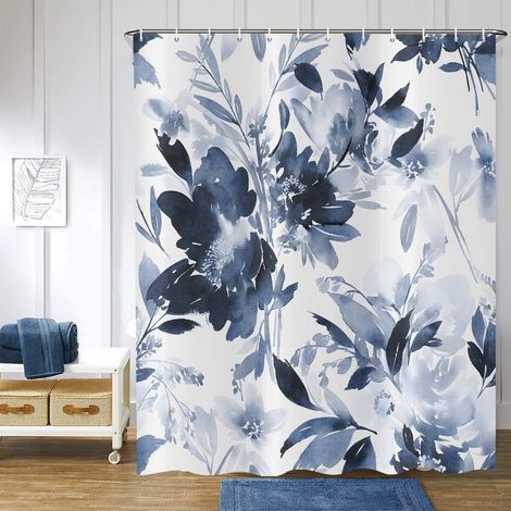 Bleu Marine Fleur Rideau de Douche 180x200 cm, Aquarelle Abstrait Floral Feuilles Printemps Été Plantes Imperméable Bain Rideau Textile Lavable Rideaux Douche pour Baignoire avec 12 Crochets (1/5)