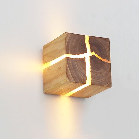 Applique en Bois 8cm Fissuré Naturel Design Original en Bois de Chêne Blanchi Applique Murale Créative Simple Décoration Carrée Applique Murale Veilleuse 5W (1/4)