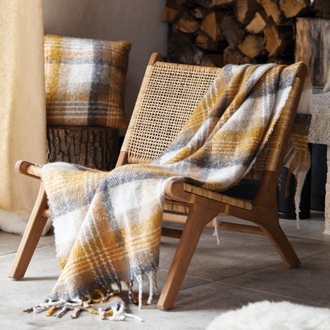 Plaid tartan Ecossais - Effet mohair Jaune Ocre 127x152 cm