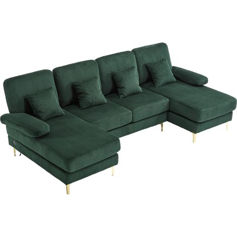 Canapé Panoramique en U avec Éclairage LED et Port USB, 4 Coussins, Dossier Ergonomique en Velours Émeraude