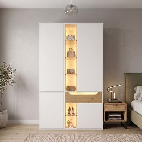 MODFU – Armario 122x50x200 cm de aglomerado/MDF/vidrio con vitrina, 2 LED, ropero, cajón, 12 compartimentos y carga 30/20 kg – Blanco (1/5)