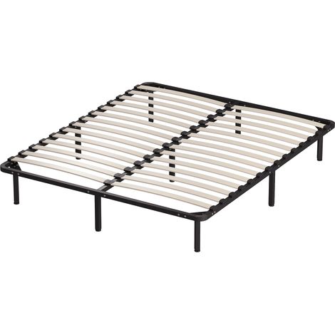 Estructura de cama de 160 x 190 cm, cama doble de madera maciza con somier de láminas y patas, espacio de almacenamiento debajo, color negro. (1/5)