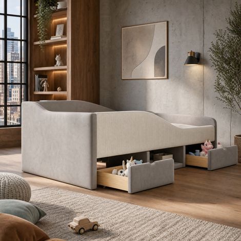 Cama infantil 90x190 con 2 cajones, barreras de seguridad y almacenamiento abierto, gris HAVRYA (1/5)