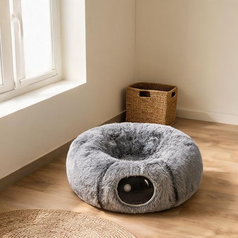 Tunnel de jeu pour chat en forme de S avec coussin rond gris (1/5)
