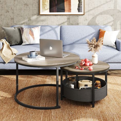 Ensemble de deux sets de table ronds WLIVE, au design moderne et accompagné d'un panier en tissu. Diamètre de la table : 80 cm. Convient aux chambres et aux bureaux. Coloris chêne gris. (1/5)