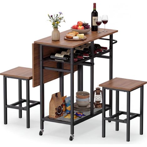 COSTWAY Set Tavolo da Pranzo Pieghevole 3 Pezzi, Tavolo Salvaspazio Estendibile con 2 Sgabelli con Ruote, Portabottiglie da 6 Posti, Ripiani e Maniglia Laterale per Cucina (Marrone,Modello 2) (1/5)
