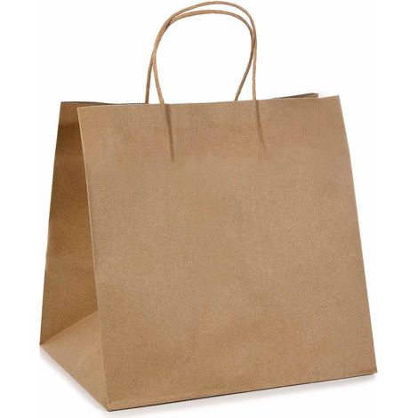 Sachets amples à large fond en papier kraft recyclé et anses torsadées, lot de 25, 28 x 22 x H. 28 cm