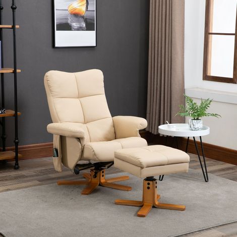 Fauteuil massant pivotant en polyester blanc crème avec repose-pieds, 80 x 86 x 99 cm (1/5)