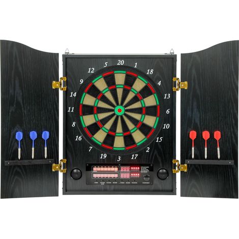 Cible électronique fléchettes avec portes aspect bois, affichage LED annonces vocales 6 fléchettes 24 embouts (1/5)