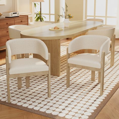 Lot de 6 chaises en bois massif avec accoudoirs - Structure en bois massif - Tissu bouclé - Naturel (1/5)