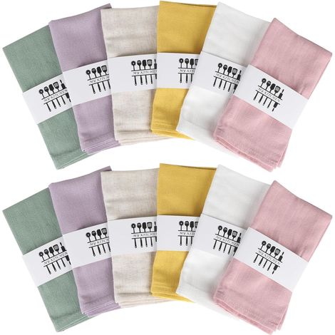 12 servilletas de lino/algodón de 40x40 cm – 6 colores (malva, beige, blanco, mostaza, rosa empolvado, verde con lunares)