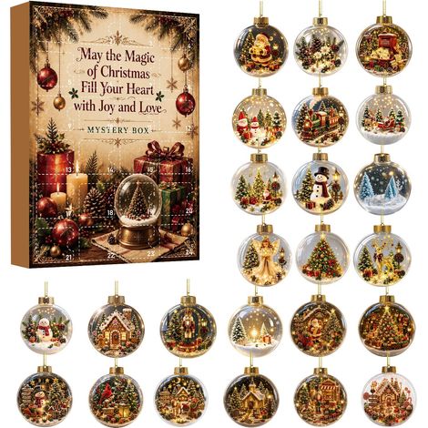 Un coffret cadeau surprise à compte à rebours de 24 jours contenant des décorations de Noël vintage en acrylique (boules de Noël), des boules décoratives vintage (scènes) et des ornements pour sapin d (1/5)