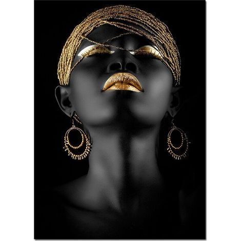 Afrikanische Kunst: Schwarze Frau mit goldenem Kopfschmuck, Leinwandgemälde, Wandbild, Poster, Kunstdrucke, 60 x 80 cm, ungerahmt