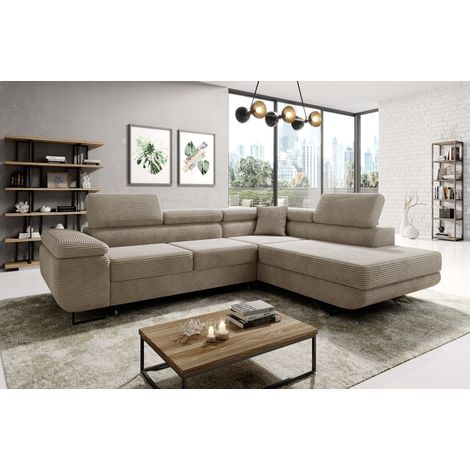 Aston Jumbo Cord Right Hand Facing Corner Sofa Bed with Storage and Lift Mechanism - Beige (1/5)