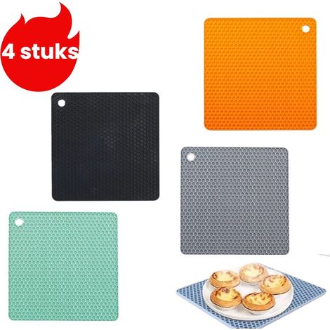 Lot de 4 dessous de plat carrés en silicone alvéolé résistants à la chaleur pour casseroles et assiettes orange rouge vert menthe noir et gris (1/5)