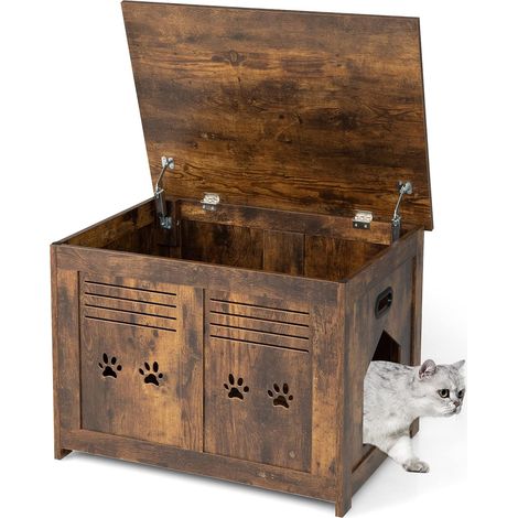 COSTWAY Katzenhaus Katzenklo Schrank, Katzenhoehle mit Eingang & Klappdeckel, Haustierbox Vintage für Katzen, Katzentoilette & Beistelltisch & Katzenschrank, Katzenmoebel Braun (1/5)