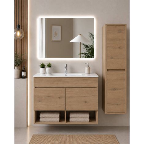 Meuble de salle de bain suspendu avec vasque extra-plat ORIGENBATH NEBARI avec portes sans miroir 70x40 cm estepa avec colonne (1/5)