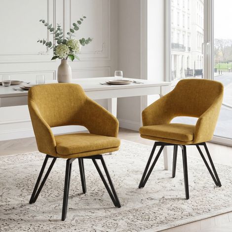 Washson Lot de 2 chaises salle à manger modernes avec accoudoirs – Pivotantes 180° – Rembourrage en chenille vert – Pieds en métal, Jaune