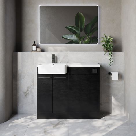 Napoli 250 Nero Oak 1000mm 2 Door Vanity Unit Toilet Suite with Left Hand Round Rico Semi Recessed Basin - 1000mm - Gunmetal Grey 160mm HandleWithout Kingston Toilet Pan