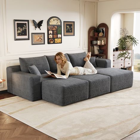 Sofá modular de 5 plazas de pana con puffs y chaise longue a la derecha, sin montaje, Gris oscuro