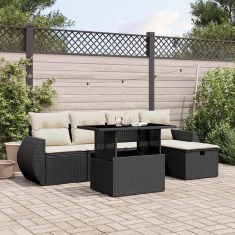 Ensemble Salon Jardin 6 Places Résine Tressée Noir avec Table Verre Trempé et Coussins Crème - Meuble Extérieur Modulaire Design Contemporain (1/5)